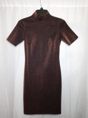 Nomia Metallic Dress XS Copper Short Sleeve Bodycon High Neck